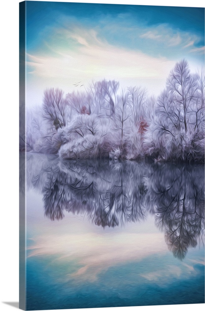 Photo Expressionism - Forest in winter at the edge of a lake.