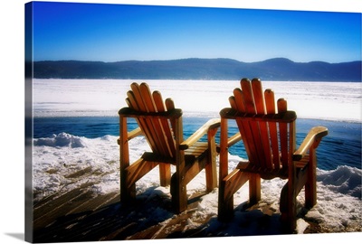 Two Adirondack Chairs on a Deck in Winter, Lake George, New York