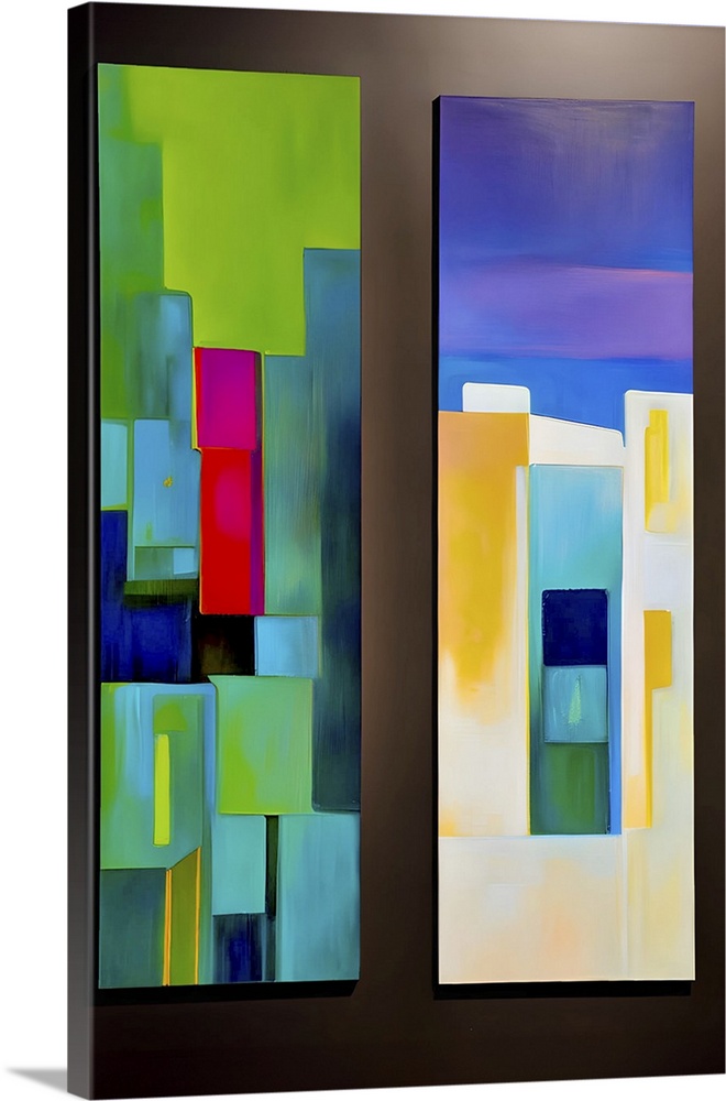 Abstract geometric colourful interpretation of a 2 panel window reflecting its surroundings, based on an image made during...