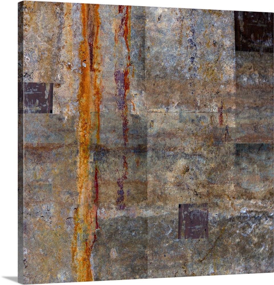 An abstract expressionist image of highly textured neutral tones with accents of red, brown and orange.