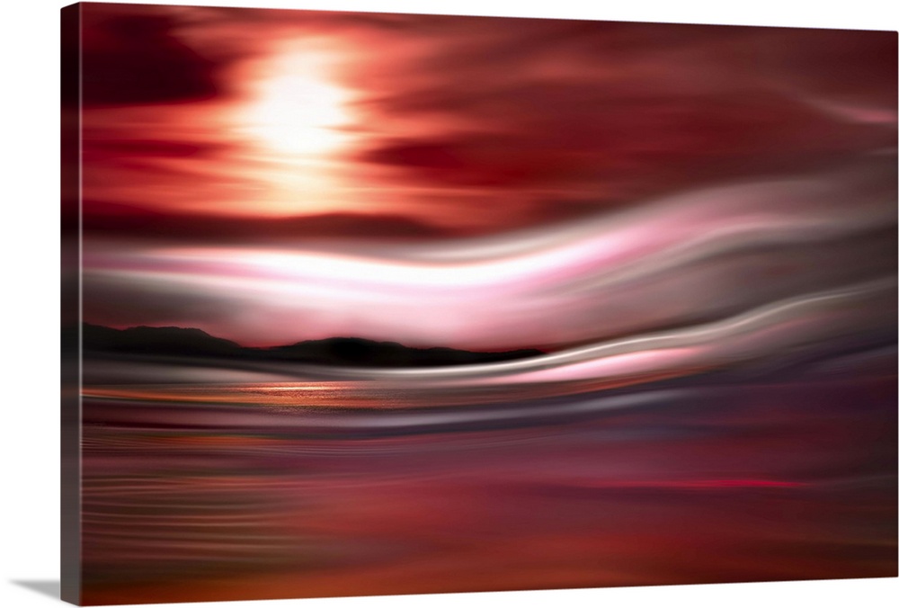 Abstract photograph of a red, pink, and purple sunset in Vancouver with a mountain line silhouette in the background and w...