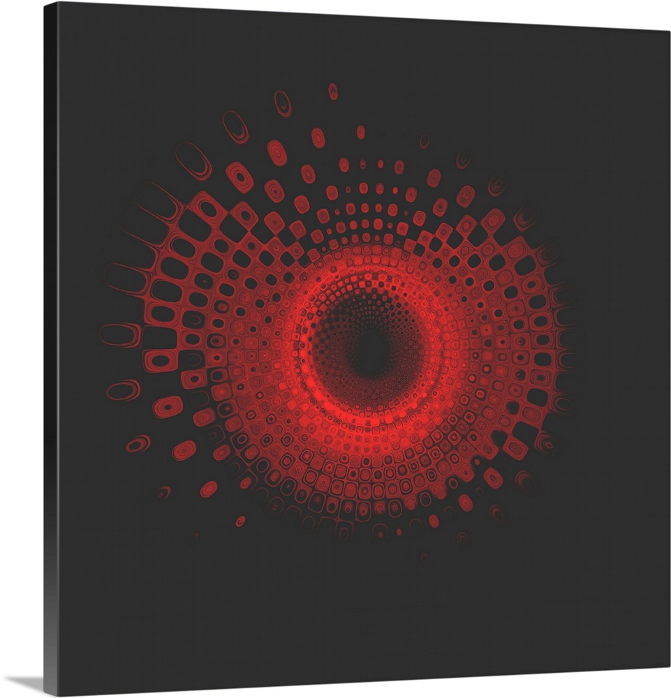 Square abstract art with red squares creating a circle and depth in the center of the canvas.
