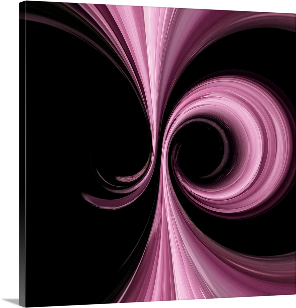 Bands of pink and purple hues pulling in from the top and bottom and looping into circles in the center on a black backgro...