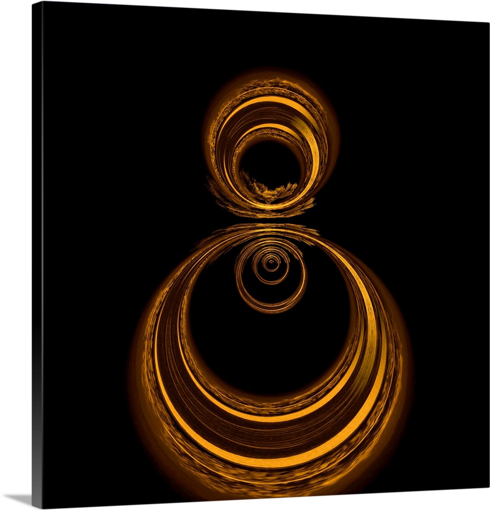 Square abstract art with gold circles formed together on a black background.