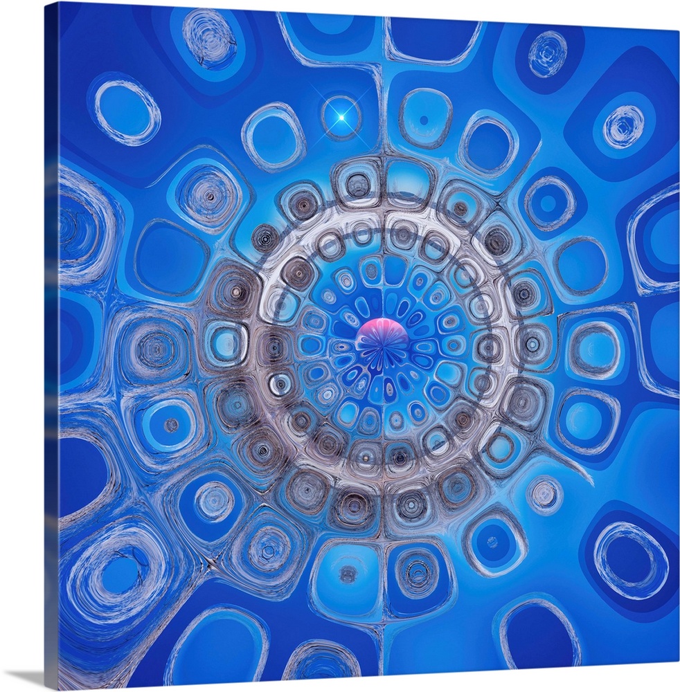 Square abstract art with circular shapes creating circles into the center in shades of blue and gray.
