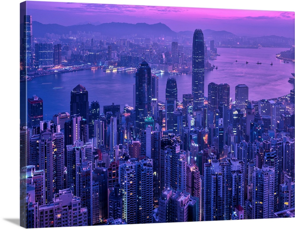 Ariel view of the city of Hong Kong, China at sunset.