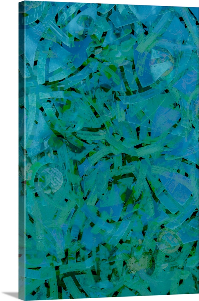 A curvaceous abstract of flowing shapes in shades of vivid blues and turquoise green.