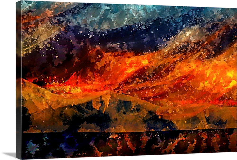 An eruption of warm colors wrestling cool shades in this abstract artwork.