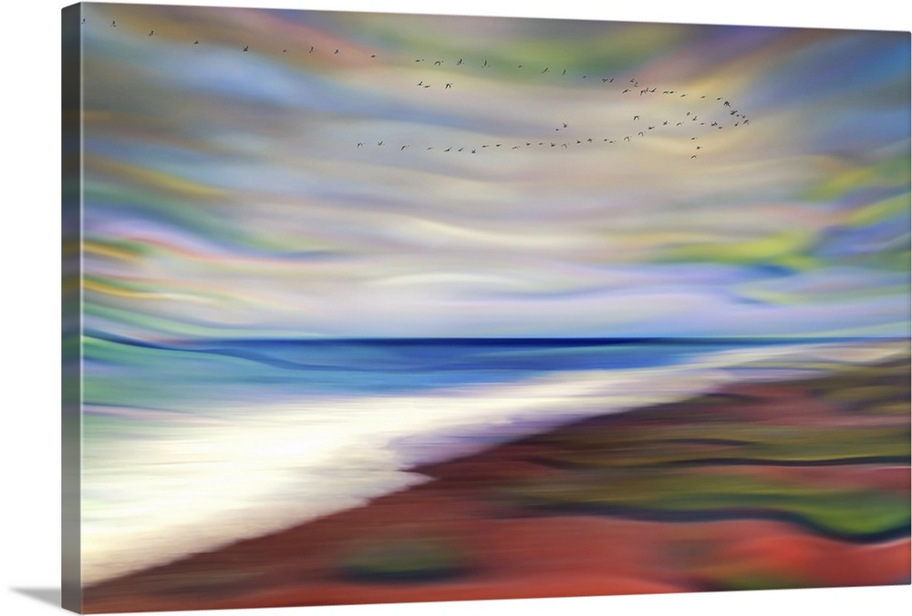 Abstract photograph of blurred and blended colors and flowing lines, resembling foamy ocean waves on a red beach.