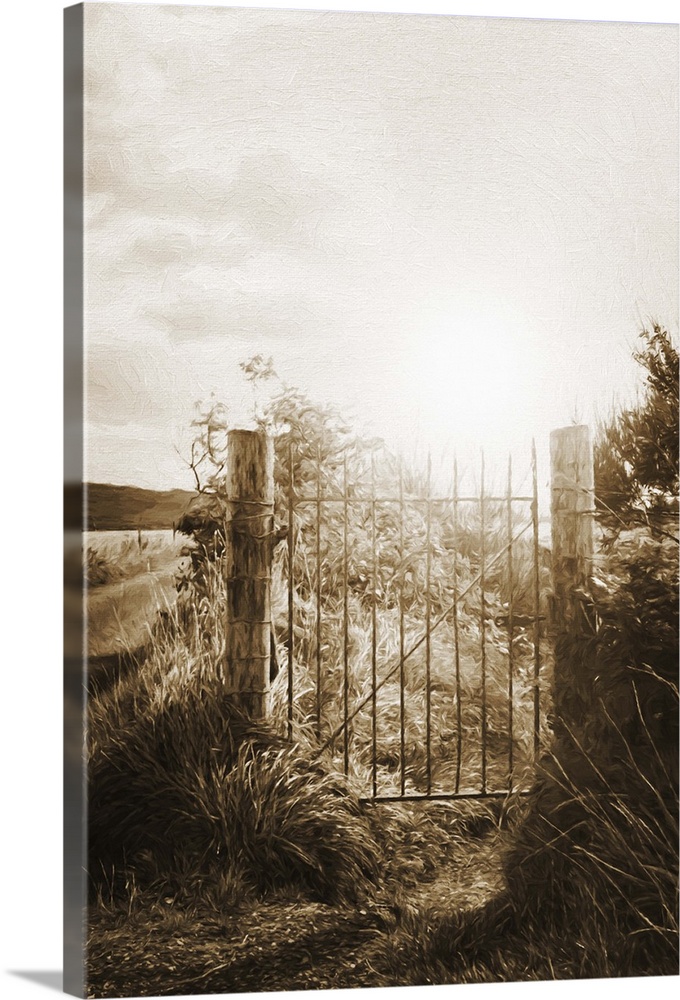 A photograph of a gate fence gate silhouetted by a rising sun.