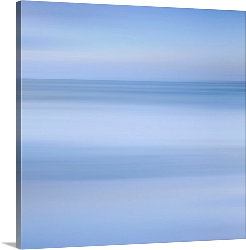 Square, large, abstract docor wall art of smooth horizontal lines across a transitioning background of cool tones.