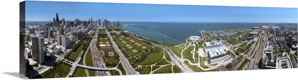 Chicago lake front aerial, Chicago, IL view of downtown, Field Museum, Soldier Field, Lake Michigan, Grant Park