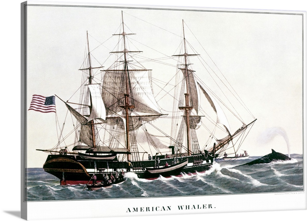 1850s American Whaler - Whaling Ship Chasing Whale In Action - Currier And Ives Lithograph - 1850.