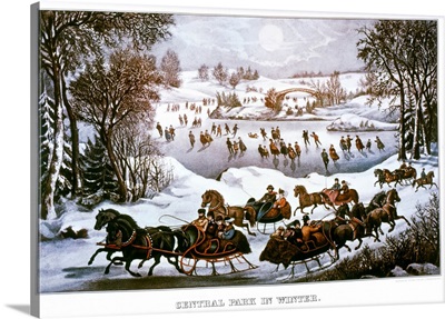 1860s Central Park In Winter - New York City People Ice Skating Horse And Sleigh