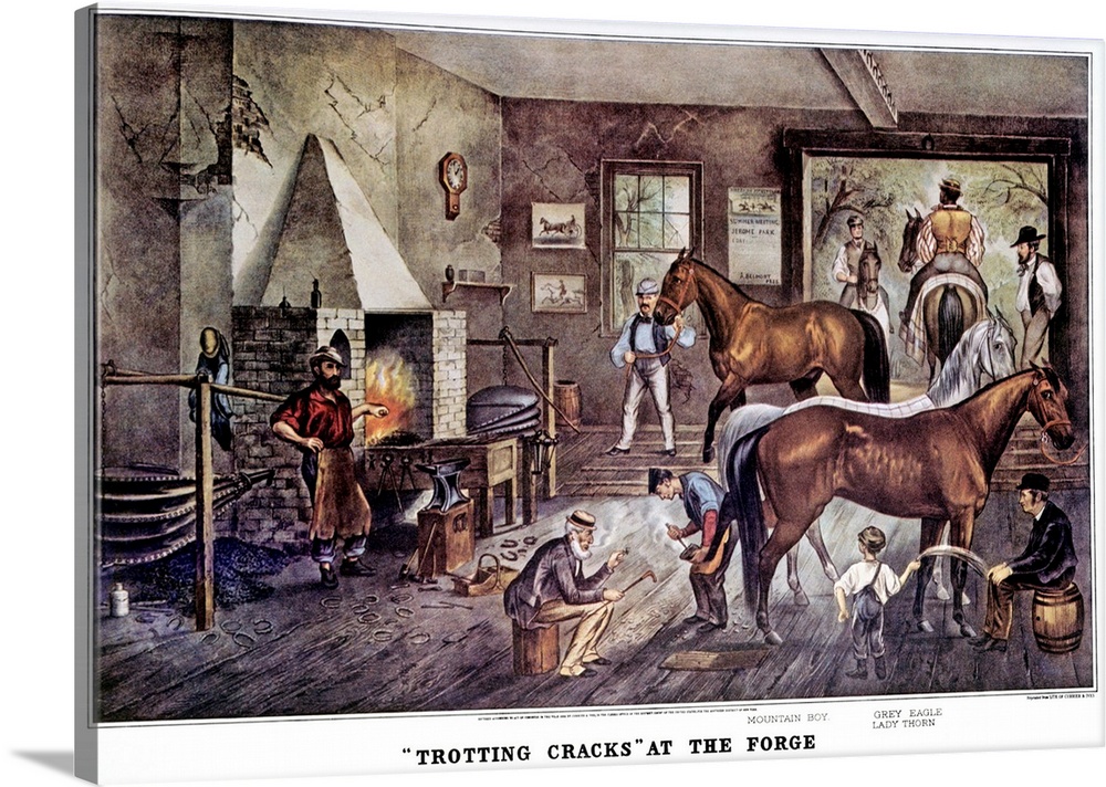 1860s Trotting Cracks At The Forge - Horse Race Bettors Hanging Out Farrier Shoeing Horse - Currier And Ives Lithograph - ...