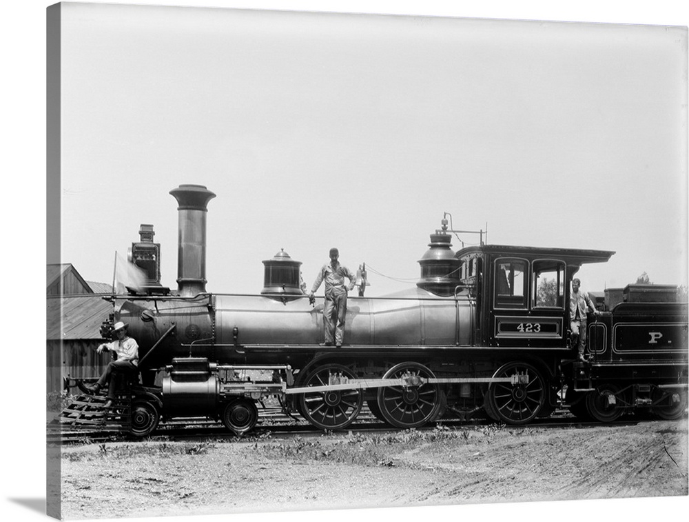 1900's Three Men Workers Standing On Train Steam Engine.