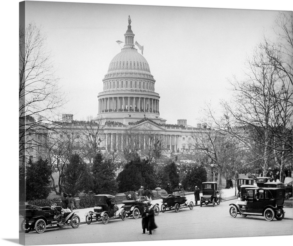 1910's 1920's Capitol Building Washington Dc Line Of Cars Parked On Street In Foreground.