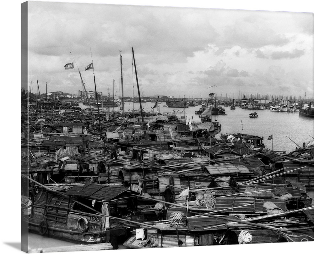 1920's 1930's Busy Harbor On Pearl River Crowded With Many Sampans Boats Canton China.