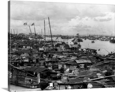 1920's 1930's Busy Harbor On Pearl River Crowded With Many Sampans Boats Canton China