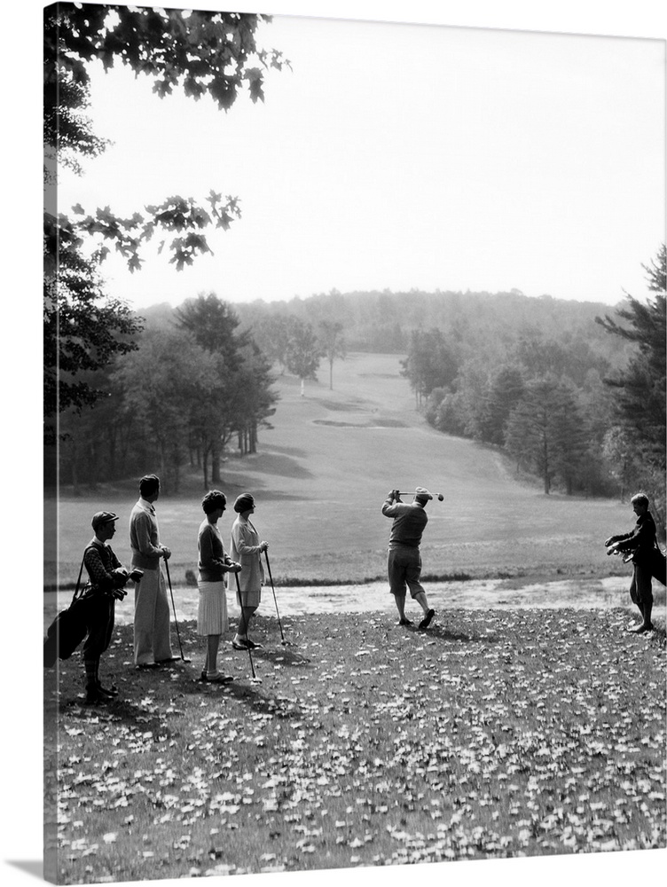 1920s 1930s Group Of Golfers Teeing Off 2 Men 2 Women And 2 Caddies At The Country Club Pittsfield Berkshires Ma.