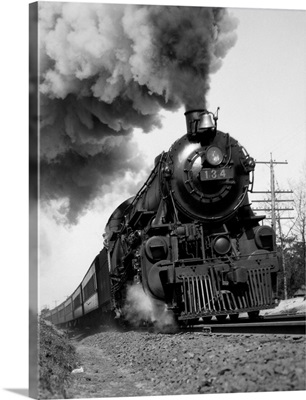 1920's 1930's Steam Engine Pulling Passenger Train Smoke Billowing From Exhaust Stack