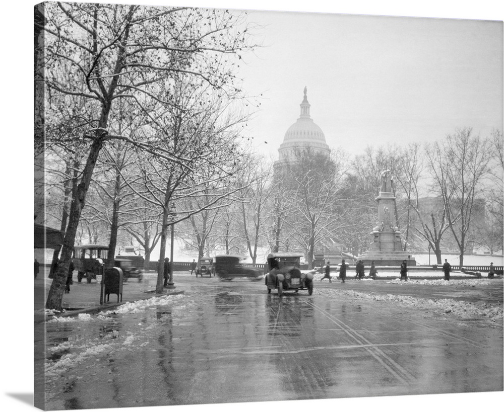 1920's 1930's The Capitol Building And Old Car Traffic In Winter Washington Dc USA.