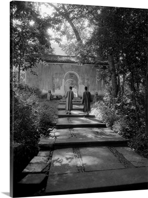 1920's 1930's Two Chinese Men In Robes Walking Up Quiet Garden Path