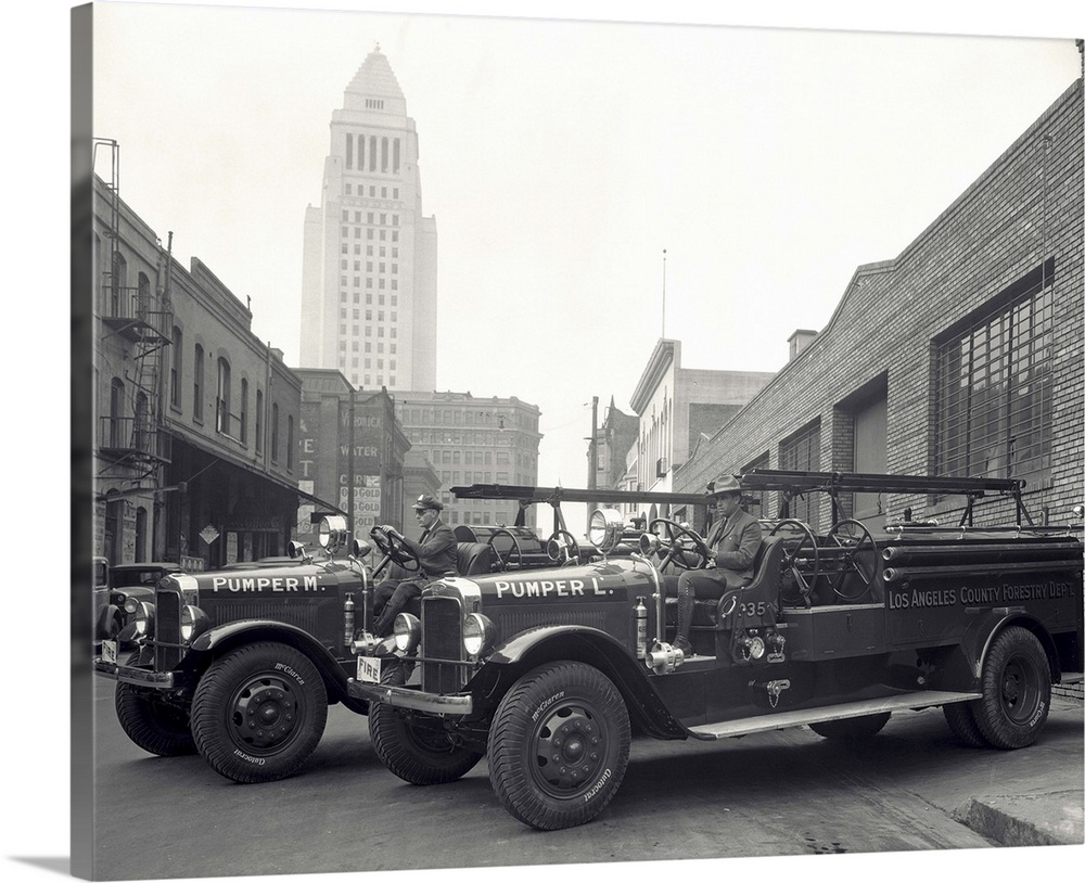 1920's 1930's Two Fire Trucks With Los Angeles City Hall California USA In Background.