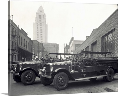 1920's 1930's Two Fire Trucks With Los Angeles City Hall California USA In Background