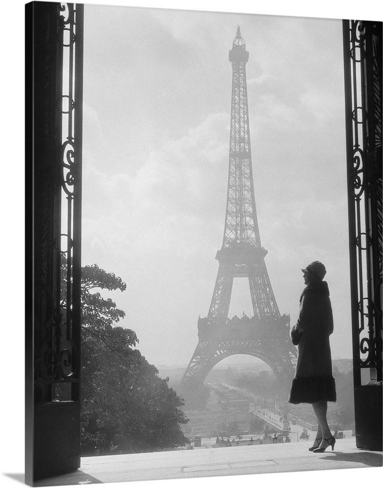 1920's Anonymous Silhouetted Woman Standing In Profile In The Trocadero Across The Seine From The Eiffel Tower Paris France.