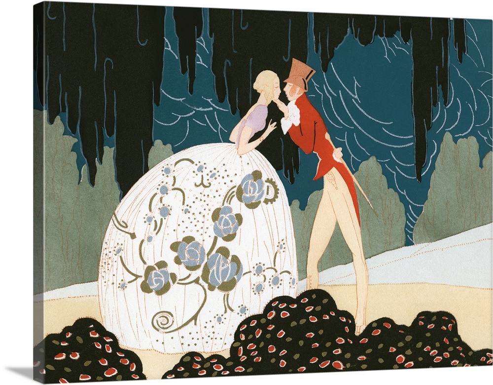 1920s Art Deco Illustration Couple About To Kiss Woman Wearing White Silver Balloon Shaped Gown Skirt With Floral Motif.