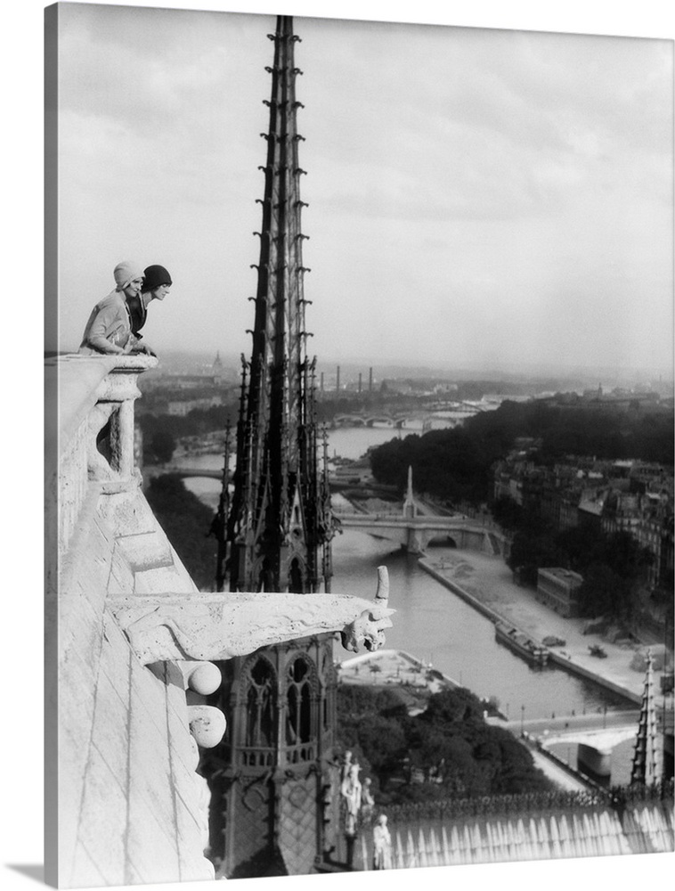 1920's Two Women Looking Out From Top Of Notre Dame Cathedral Paris France.