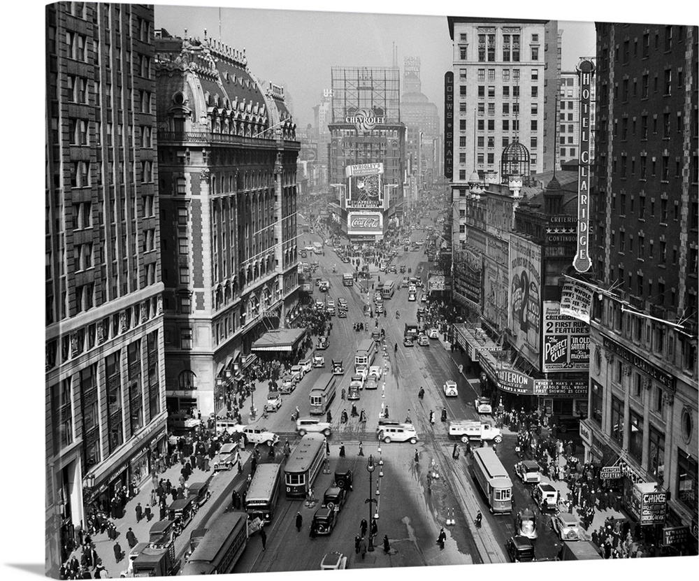 1930's 1935 Times Square Looking North From Times Tower Midtown Manhattan Pedestrians Traffic Cars Trolleys Buildings Marq...