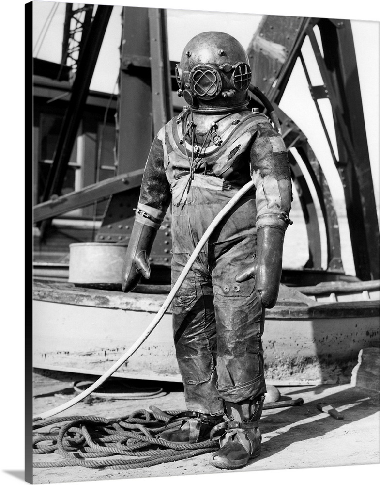 1930s 1940s Full Figure Of Man In Underwater Hard Hat Deep Sea Diving Suit.