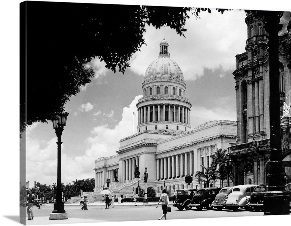 1930's 1940's The Capital Building Street Scene With Pedestrians Trees Lamps Motorcars