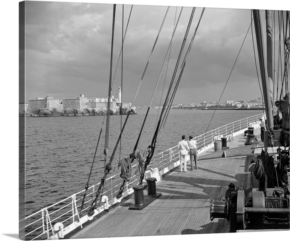 1930's 1940's Two Men On Deck Of Steamer Ship Coming Into Havana Harbor Cuba.