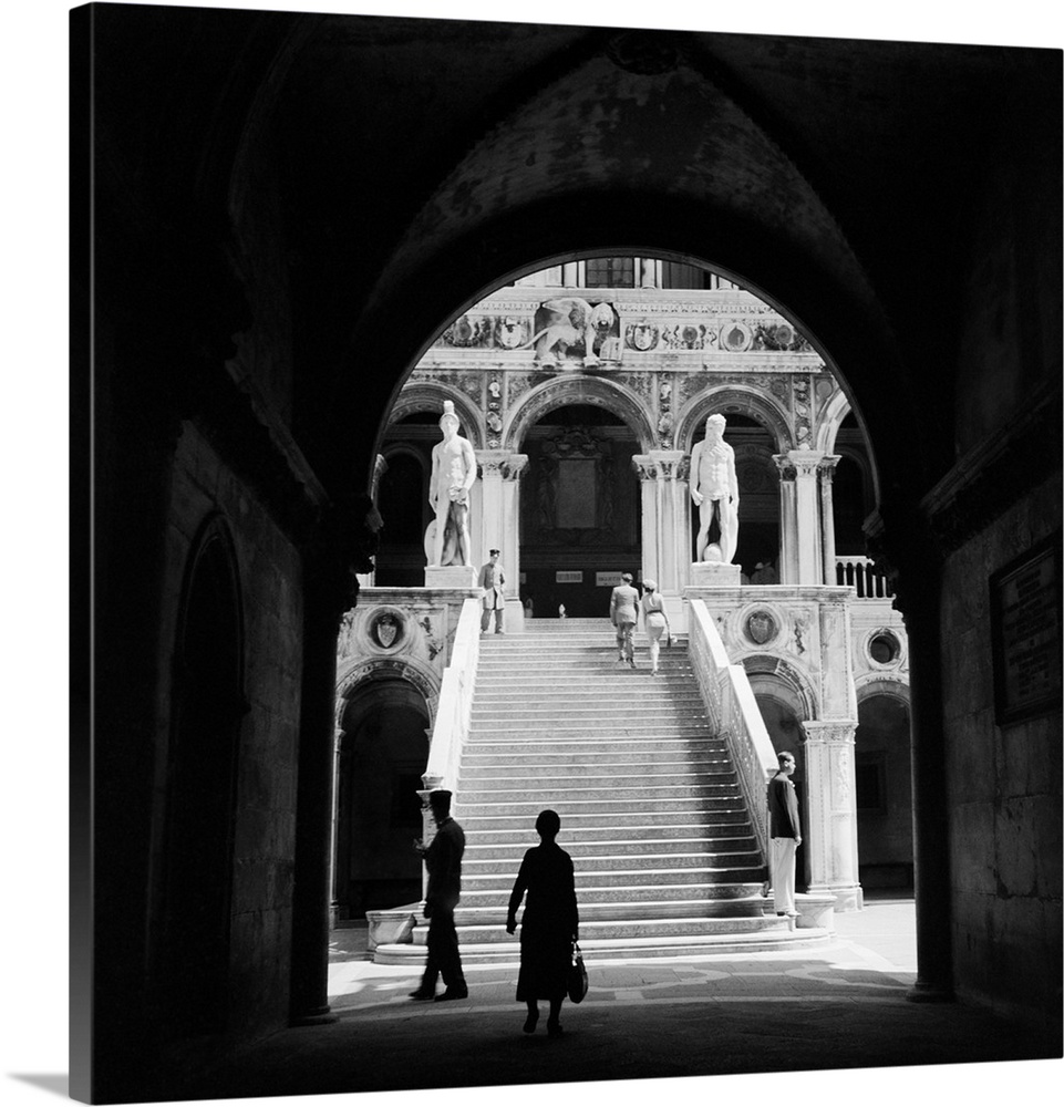 1930's 1940's Venice Italy Doge's Palace View Through Archway To Staircase With Statues Of Neptune And Mars.