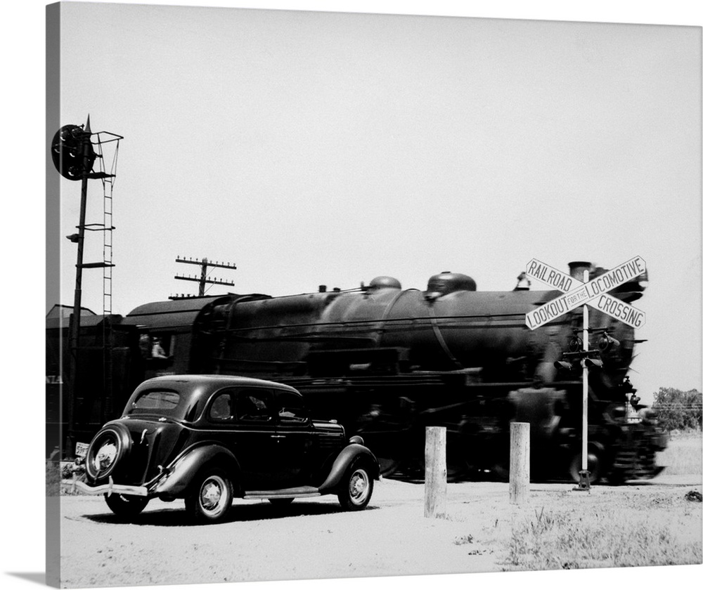 1930's Automobile Stopped At Railroad Grade Crossing With Steam Engine Speeding By.