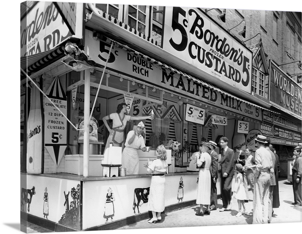 1930's Bordens 5 Cent Frozen Custard Cone Stand On Coney Island New York City NY USA.