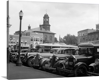 1930's Buses Cars Parked Small Town Square Claremont New Hampshire USA