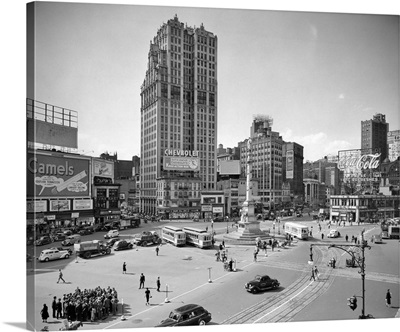 1930's Columbus Circle With Coca Cola Sign And Trolley Cars New York City USA