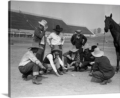1930s Cowboys With Horse, Playing Game Of Craps On Grounds Of Racetrack Rodeo Arena