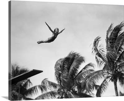 1930's Girl In Mid Air Diving Into Swimming Pool