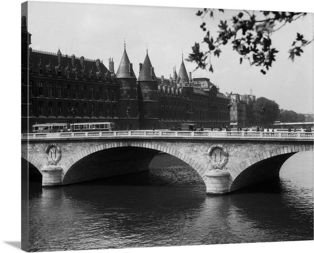 1930's Hotel De Ville And Bridge On River Seine Paris France.