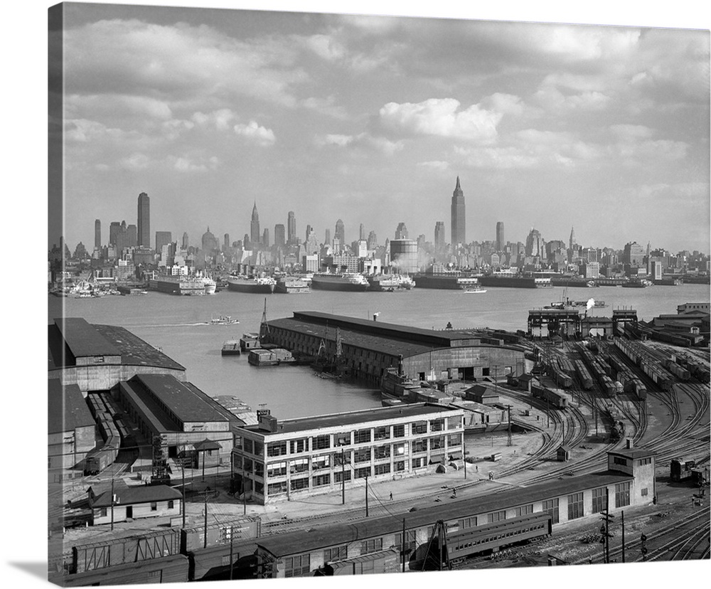 1930's Manhattan NYc Skyline Rockefeller Center To 14th Street And Ocean Liners View From Weehawken Nj USA.