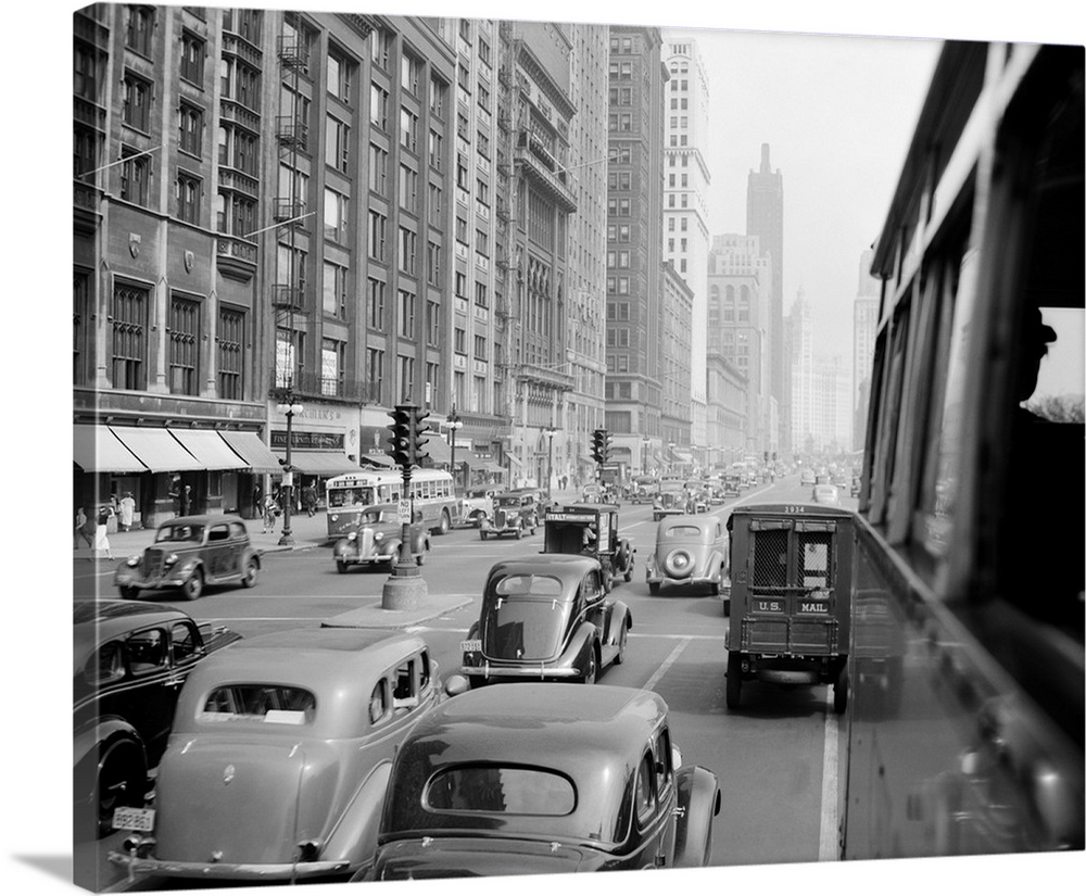 1930's Morning Traffic On Michigan Avenue Chicago Illinois USA.