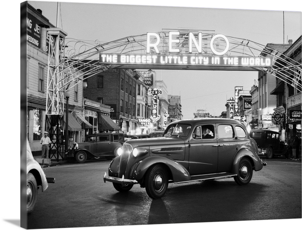 1930's Night Of Arch Over Main Street Reno Nevada Neon Sign The Biggest Little City In The World.