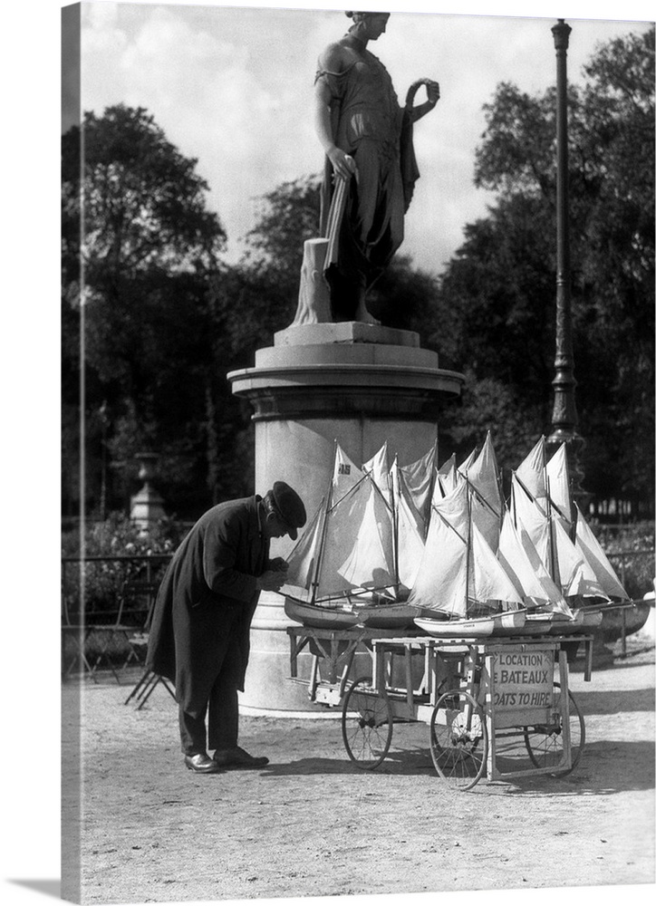 1930's Paris France Tuileries Gardens Man With Cart Of Miniature Toy Sailboats For Rent.