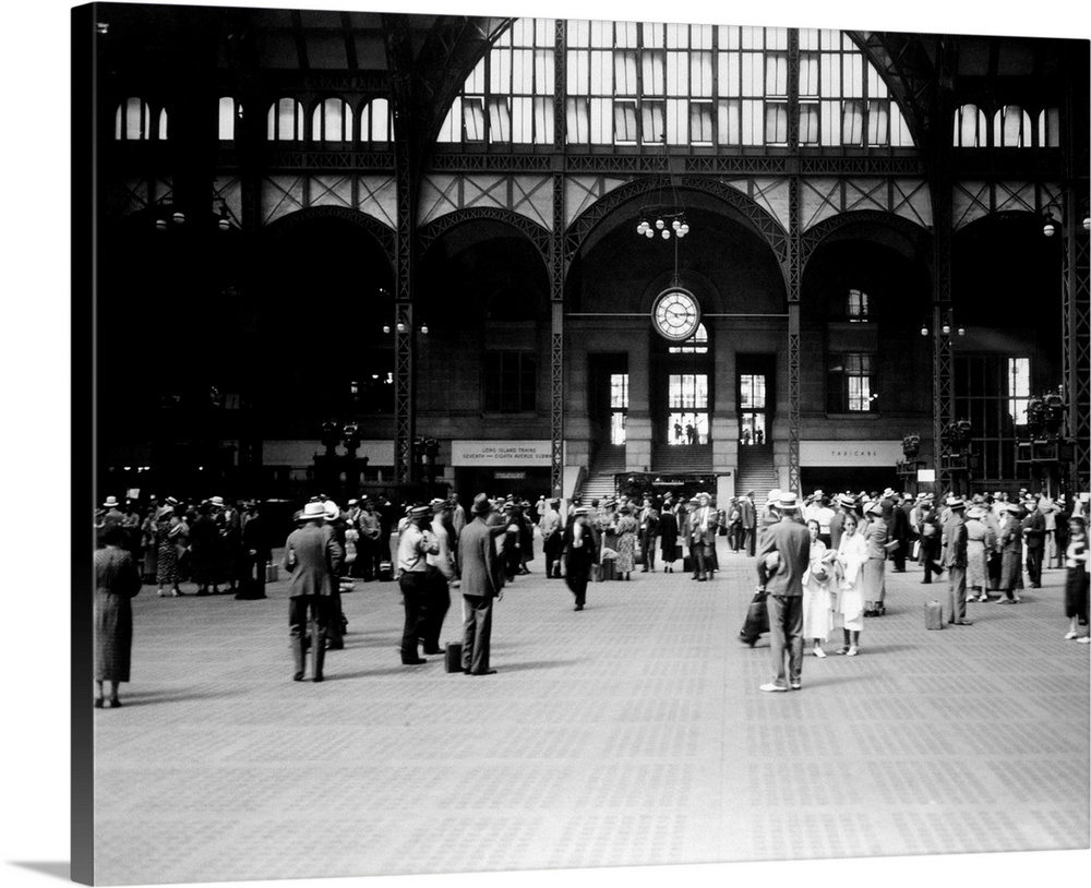 1930's Pennsylvania Penn Station New York City Railroad Station People Passengers Travelers Transportation.