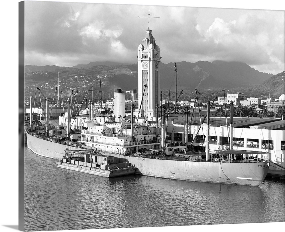 1930's Ship Freighter At Dock By Aloha Tower Built 1926 Port Of Honolulu Hawaii.